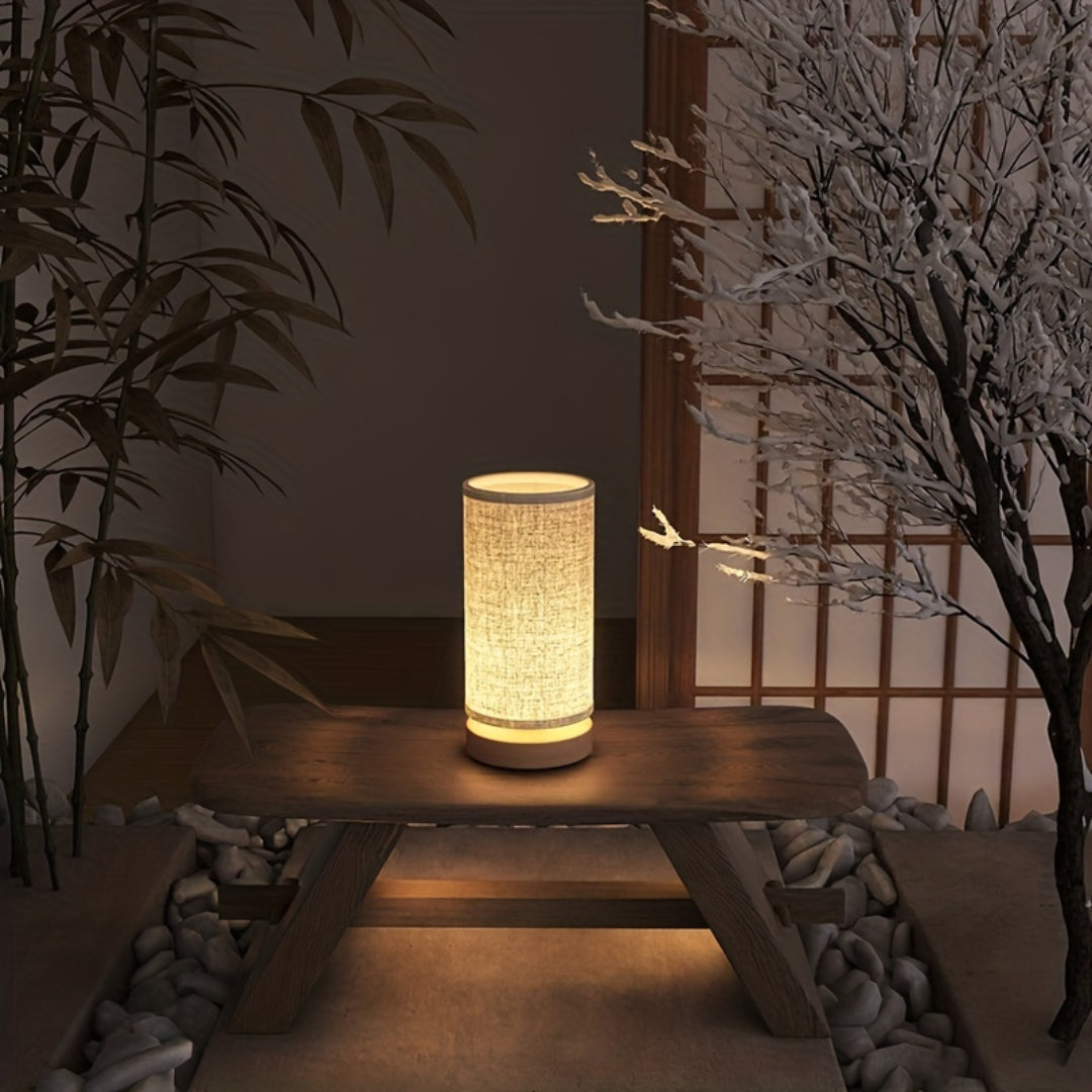 Modern Wooden USB Table Lamp – Natural Wood Base with Linen Fabric Shade, Cozy LED Bedside Lamp for Bedroom & Desk