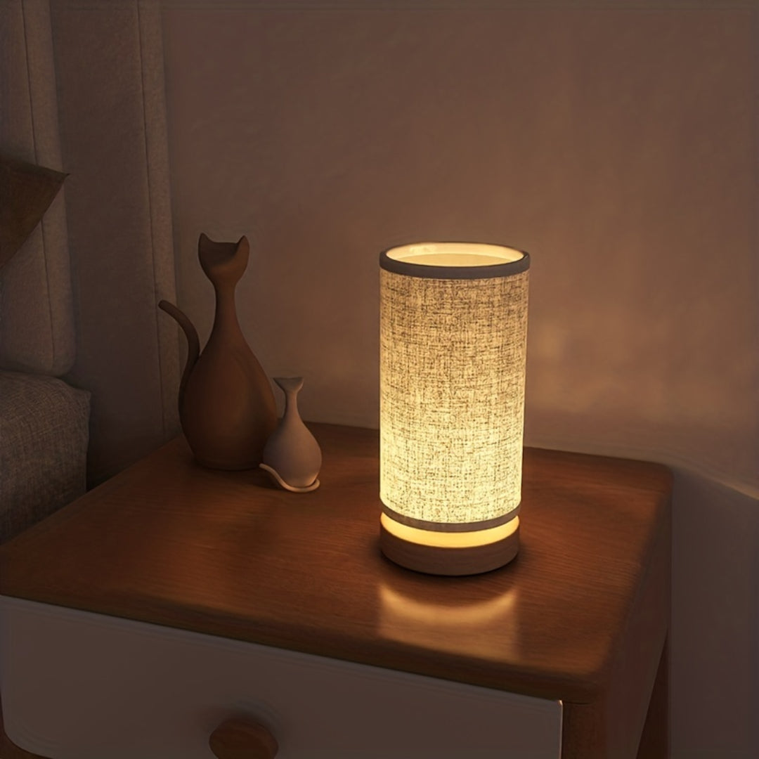 Modern Wooden USB Table Lamp – Natural Wood Base with Linen Fabric Shade, Cozy LED Bedside Lamp for Bedroom & Desk