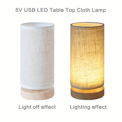 Modern Wooden USB Table Lamp – Natural Wood Base with Linen Fabric Shade, Cozy LED Bedside Lamp for Bedroom & Desk