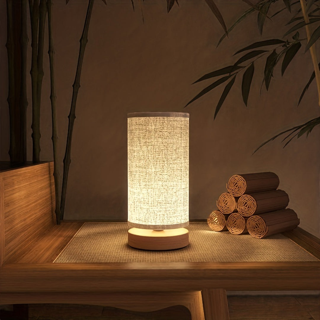 Modern Wooden USB Table Lamp – Natural Wood Base with Linen Fabric Shade, Cozy LED Bedside Lamp for Bedroom & Desk