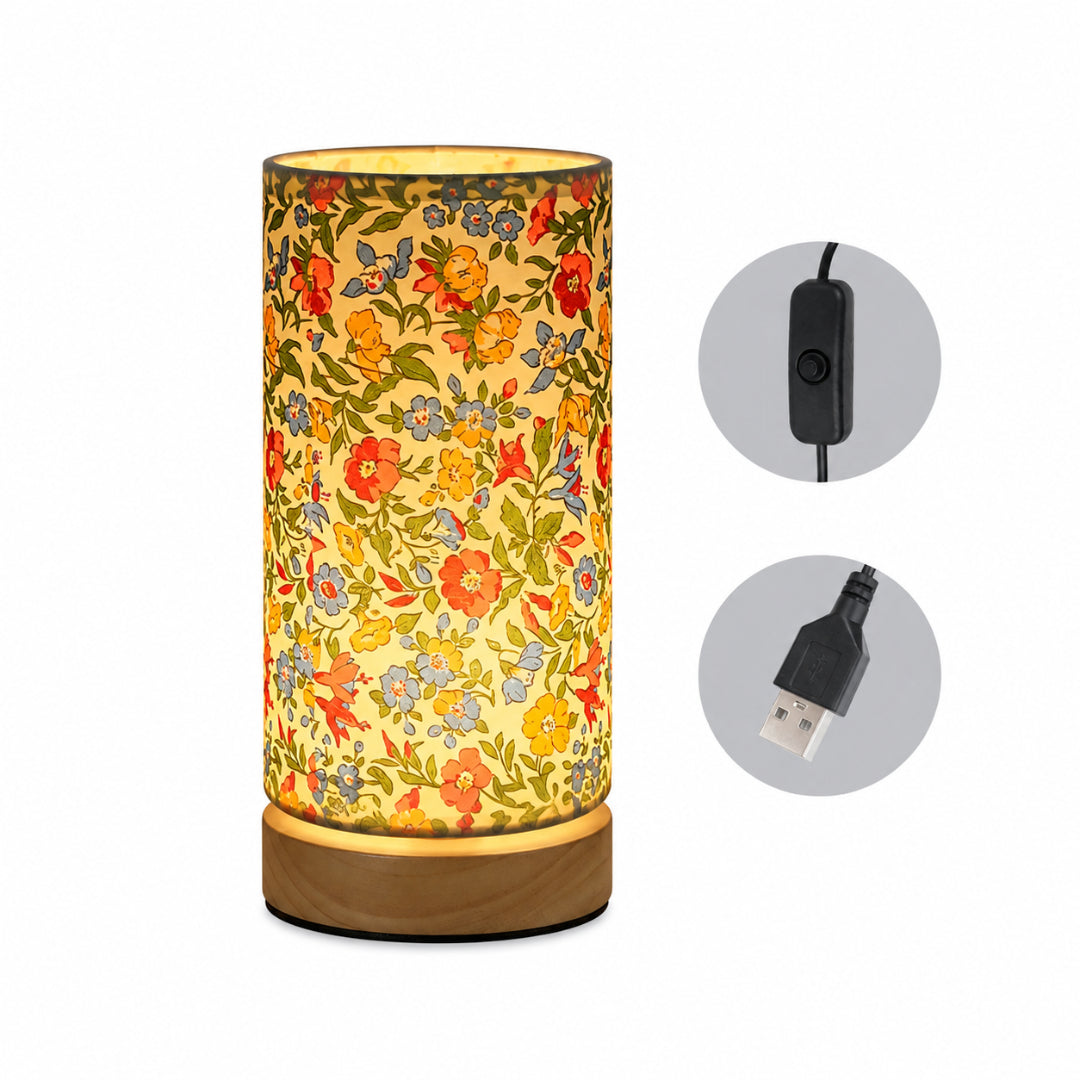 Modern Wooden USB Table Lamp – Natural Wood Base with Linen Fabric Shade, Cozy LED Bedside Lamp for Bedroom & Desk