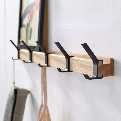 Nordic Wall Mounted Coat Rack – Adjustable Sliding Hooks, Wood & Black Entryway Hanger for Hats and Bags