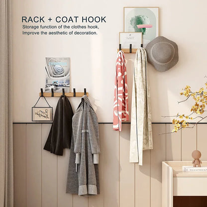 Nordic Wall Mounted Coat Rack – Adjustable Sliding Hooks, Wood & Black Entryway Hanger for Hats and Bags