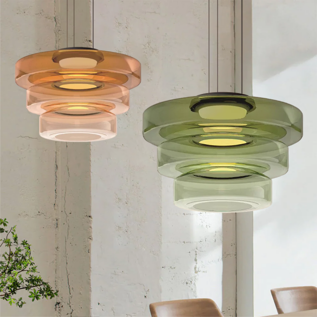 Bauhaus Layered Glass Pendant Lamp – Modern Amber, Green or Smoke Grey Hanging Light Fixture for Kitchen & Dining Room