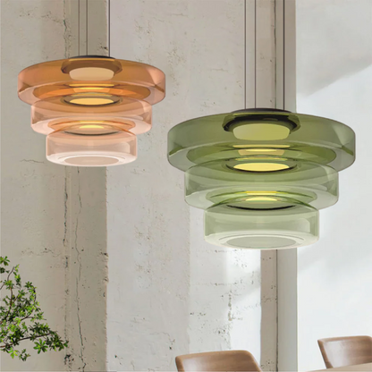 Bauhaus Layered Glass Pendant Lamp – Modern Amber, Green or Smoke Grey Hanging Light Fixture for Kitchen & Dining Room