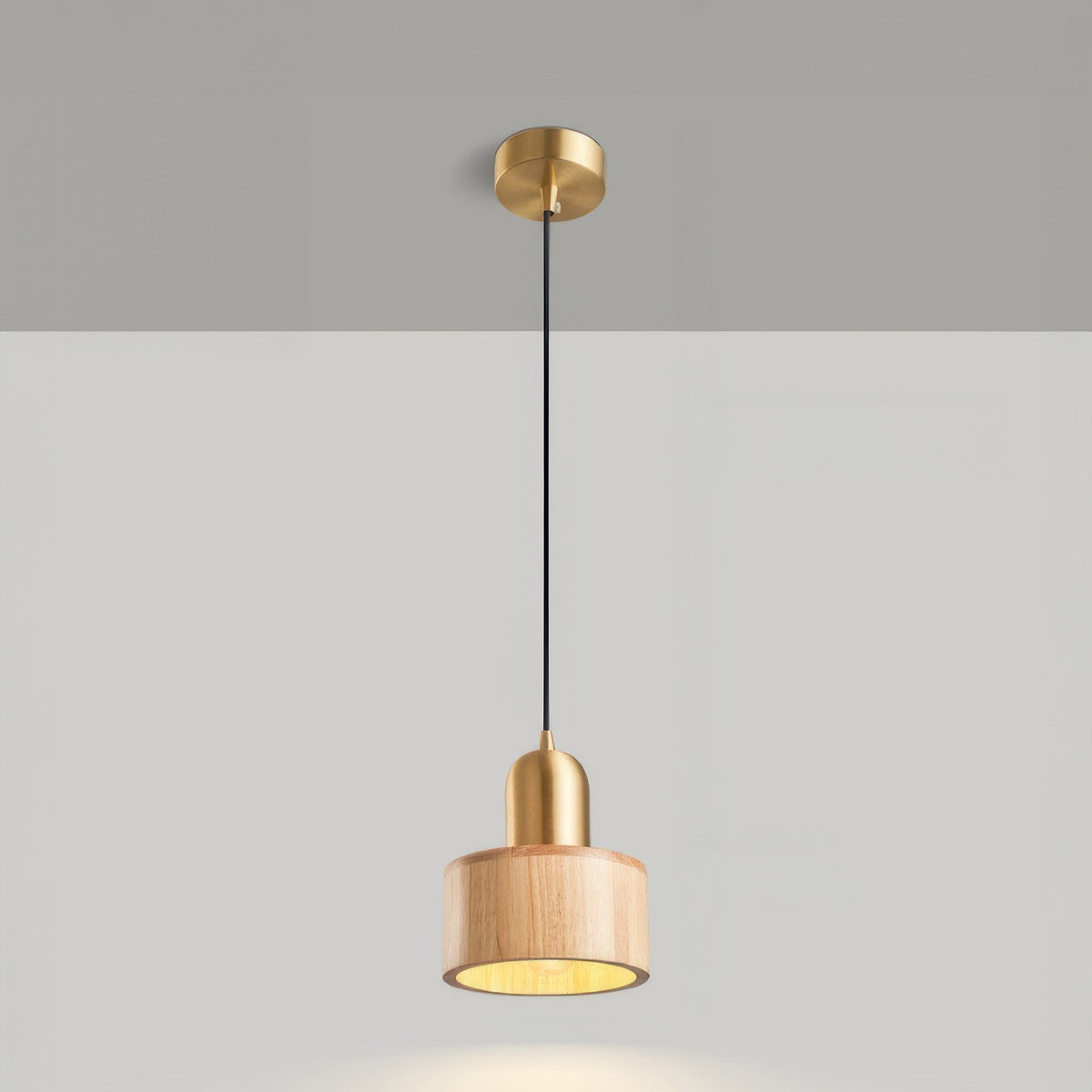 Japanese Walnut & Brass Cylinder Pendant Light – Minimalist Wood Hanging Lamp with 5W LED for Dining, Entryway & Bedroom
