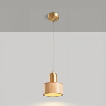 Japanese Walnut & Brass Cylinder Pendant Light – Minimalist Wood Hanging Lamp with 5W LED for Dining, Entryway & Bedroom