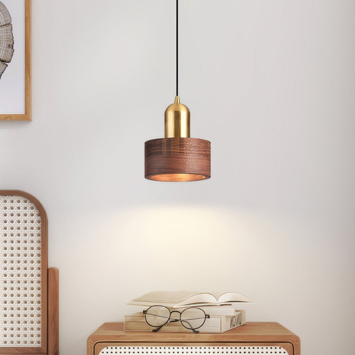 Japanese Walnut & Brass Cylinder Pendant Light – Minimalist Wood Hanging Lamp with 5W LED for Dining, Entryway & Bedroom