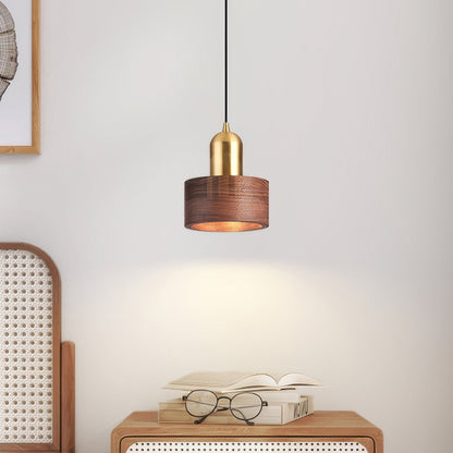 Japanese Walnut & Brass Cylinder Pendant Light – Minimalist Wood Hanging Lamp with 5W LED for Dining, Entryway & Bedroom