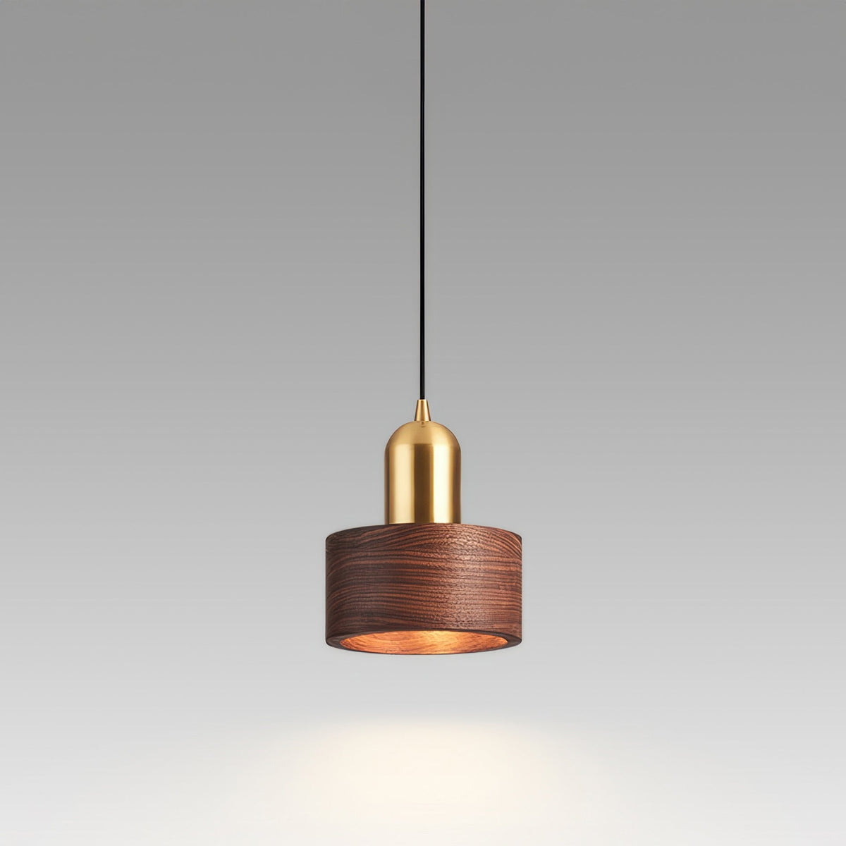 Japanese Walnut & Brass Cylinder Pendant Light – Minimalist Wood Hanging Lamp with 5W LED for Dining, Entryway & Bedroom