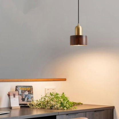 Japanese Walnut & Brass Cylinder Pendant Light – Minimalist Wood Hanging Lamp with 5W LED for Dining, Entryway & Bedroom