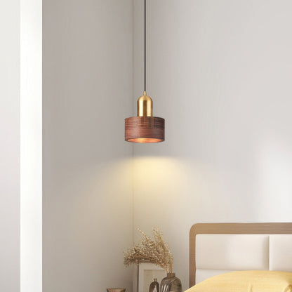 Japanese Walnut & Brass Cylinder Pendant Light – Minimalist Wood Hanging Lamp with 5W LED for Dining, Entryway & Bedroom