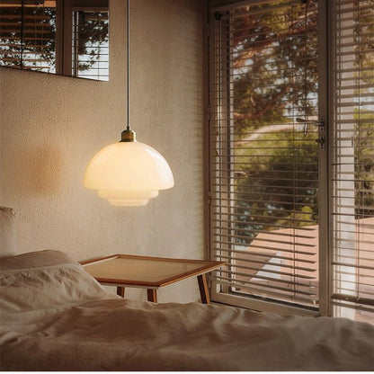 Mid-Century White Glass Pendant Light – Modern Dome Hanging Lamp with Brass Accents for Kitchen & Dining