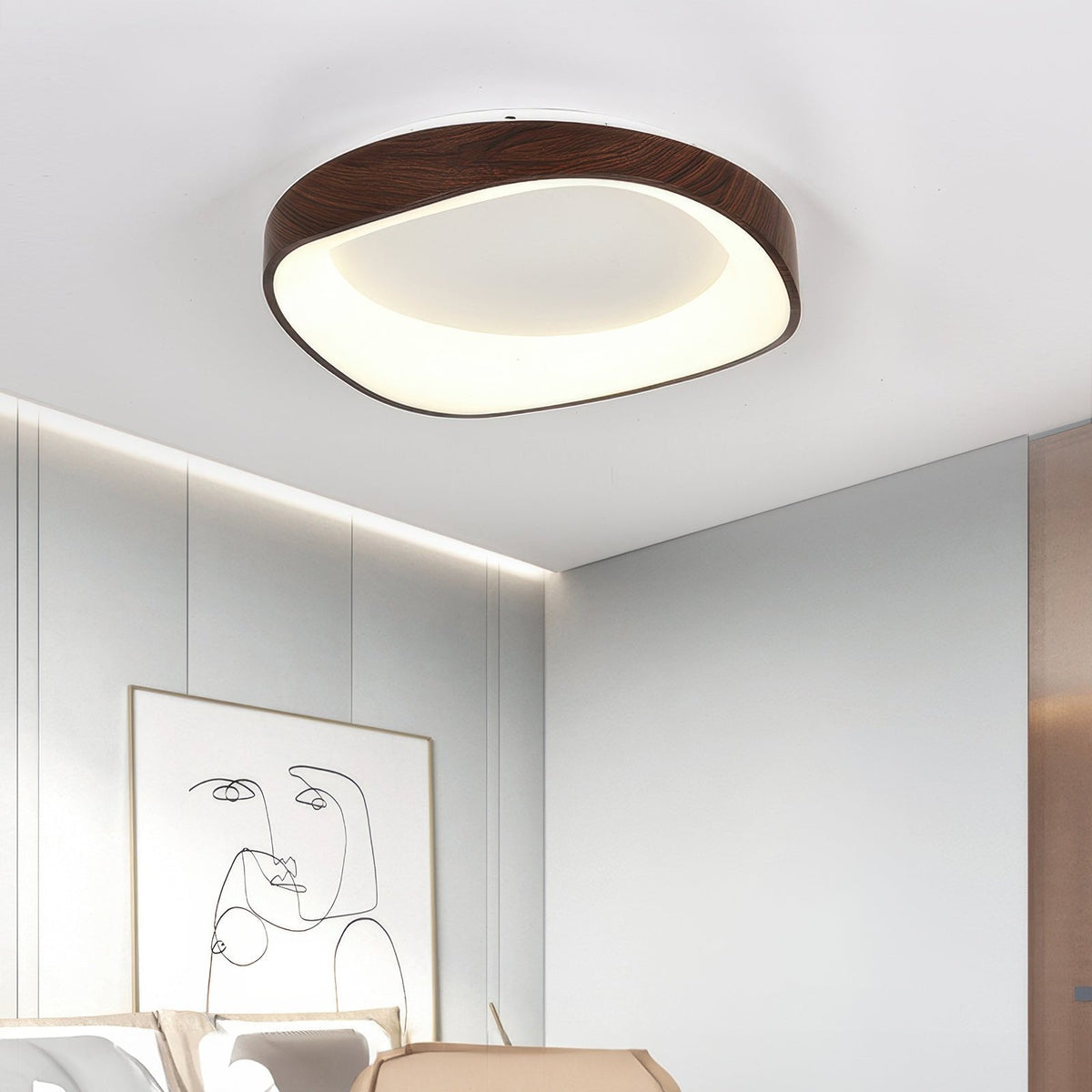 Nordic Wood-Grain LED Ceiling Light – Artistic Curved Flush Mount, 40 or 50 cm, Energy-Saving 23W/29W for Living Room
