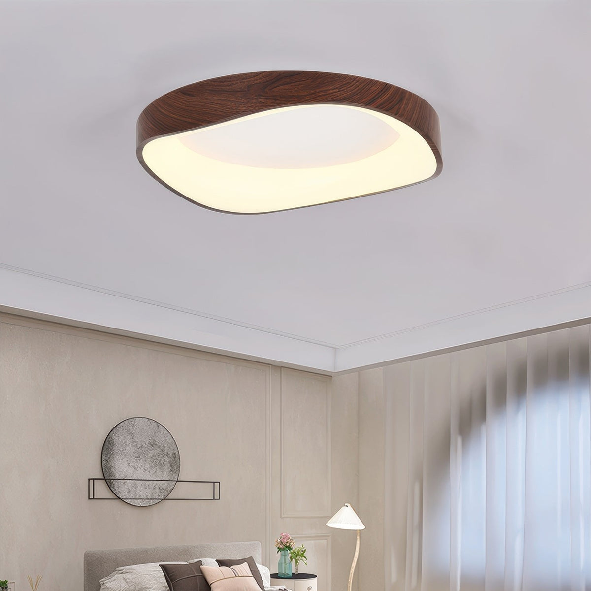Nordic Wood-Grain LED Ceiling Light – Artistic Curved Flush Mount, 40 or 50 cm, Energy-Saving 23W/29W for Living Room