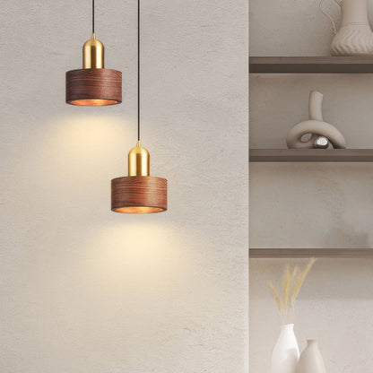 Japanese Walnut & Brass Cylinder Pendant Light – Minimalist Wood Hanging Lamp with 5W LED for Dining, Entryway & Bedroom