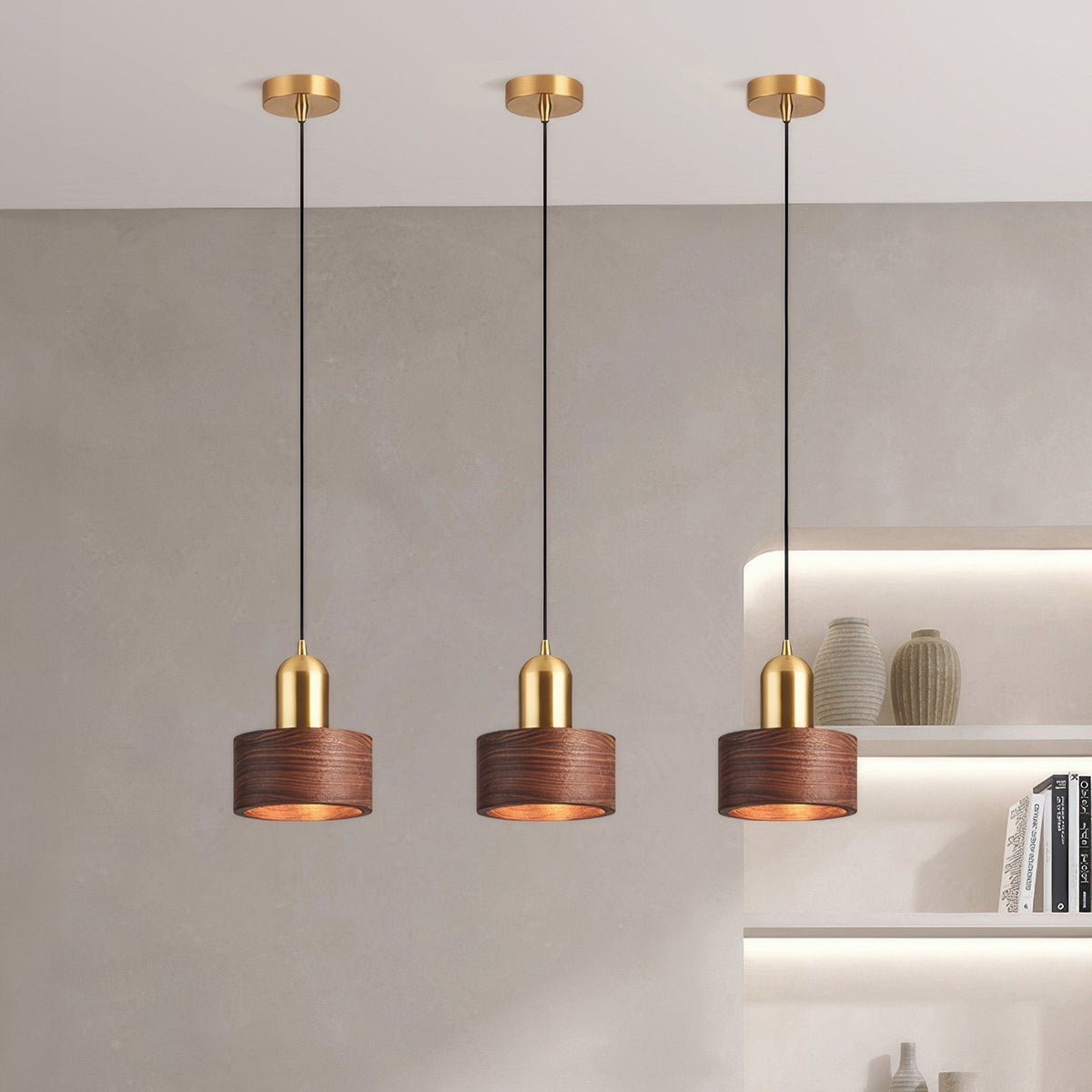 Japanese Walnut & Brass Cylinder Pendant Light – Minimalist Wood Hanging Lamp with 5W LED for Dining, Entryway & Bedroom