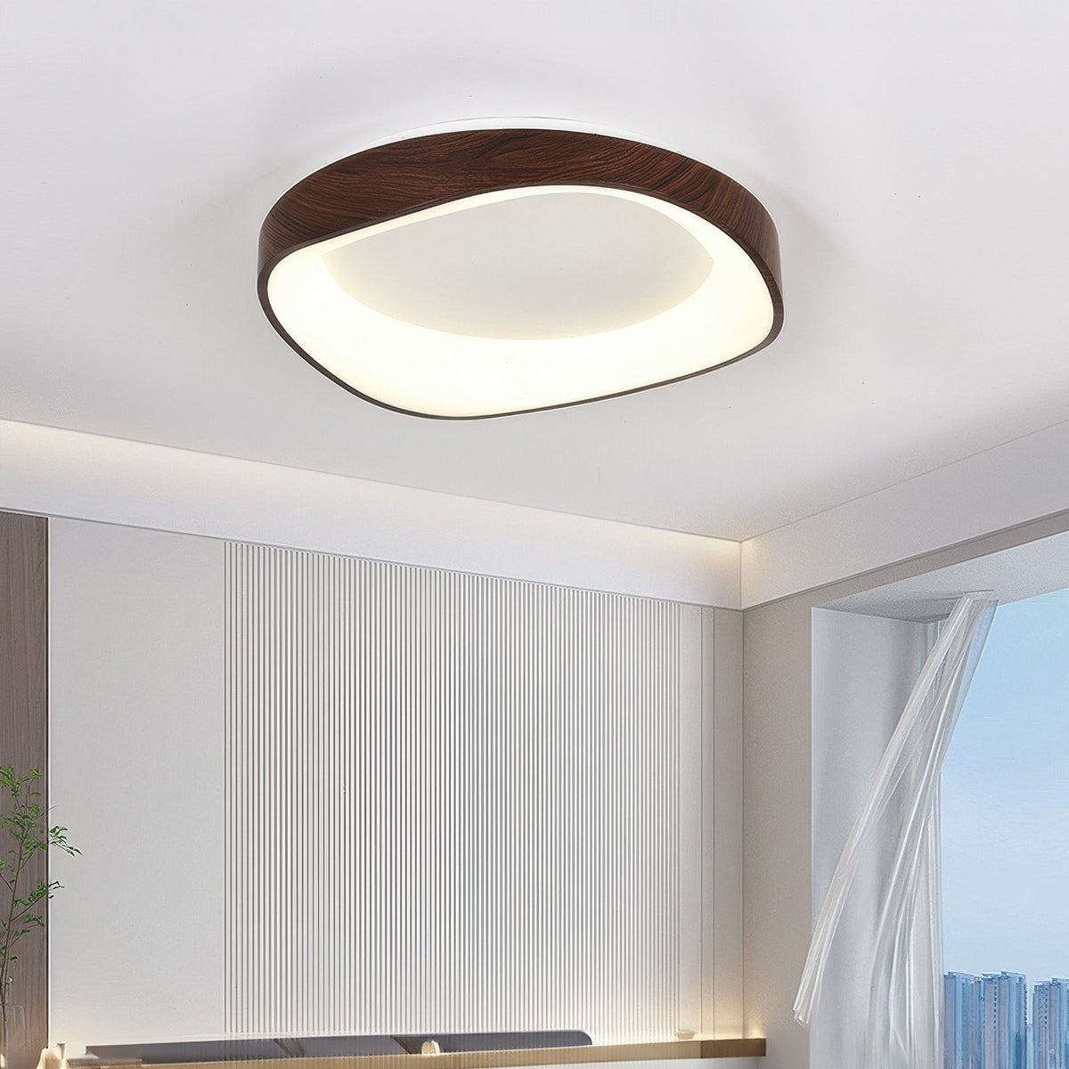 Nordic Wood-Grain LED Ceiling Light – Artistic Curved Flush Mount, 40 or 50 cm, Energy-Saving 23W/29W for Living Room