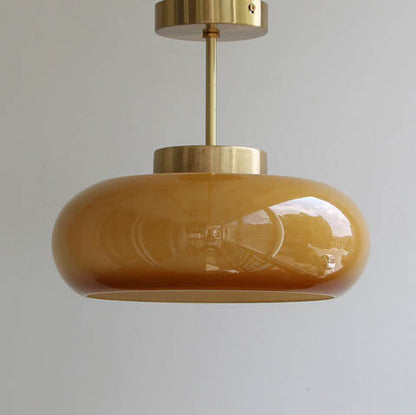 Vintage Brass Semi-Flush Ceiling Light with Yellow Glass Shade – Classic E26 Fixture in Brass or Electroplated Copper
