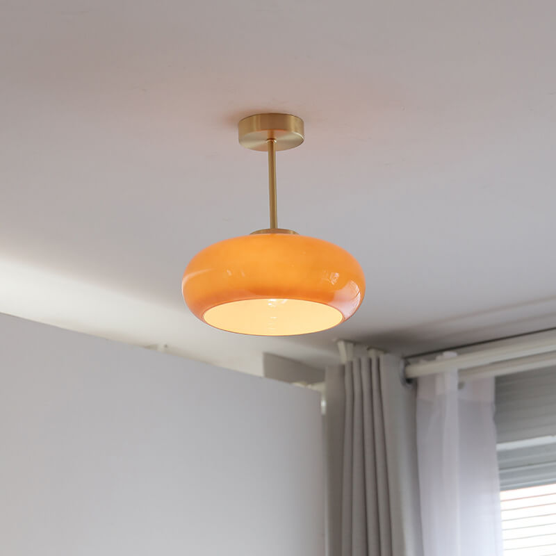 Vintage Brass Semi-Flush Ceiling Light with Yellow Glass Shade – Classic E26 Fixture in Brass or Electroplated Copper
