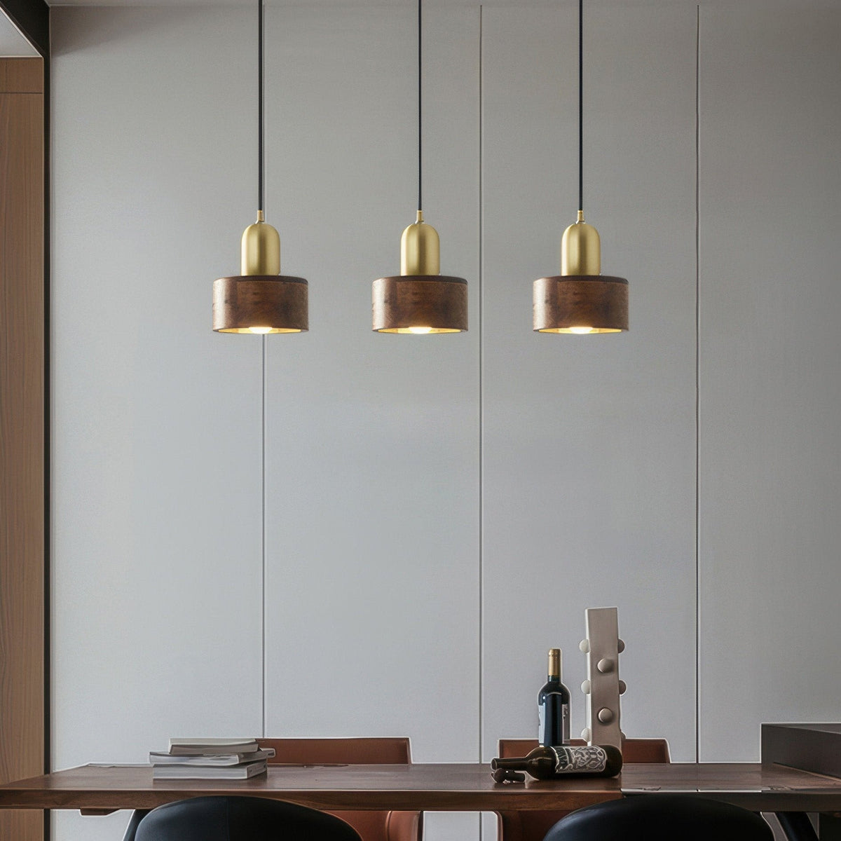 Japanese Walnut & Brass Cylinder Pendant Light – Minimalist Wood Hanging Lamp with 5W LED for Dining, Entryway & Bedroom