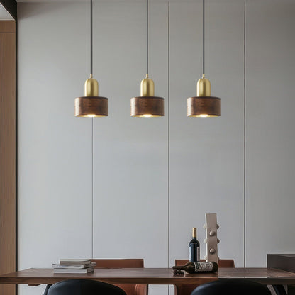 Japanese Walnut & Brass Cylinder Pendant Light – Minimalist Wood Hanging Lamp with 5W LED for Dining, Entryway & Bedroom