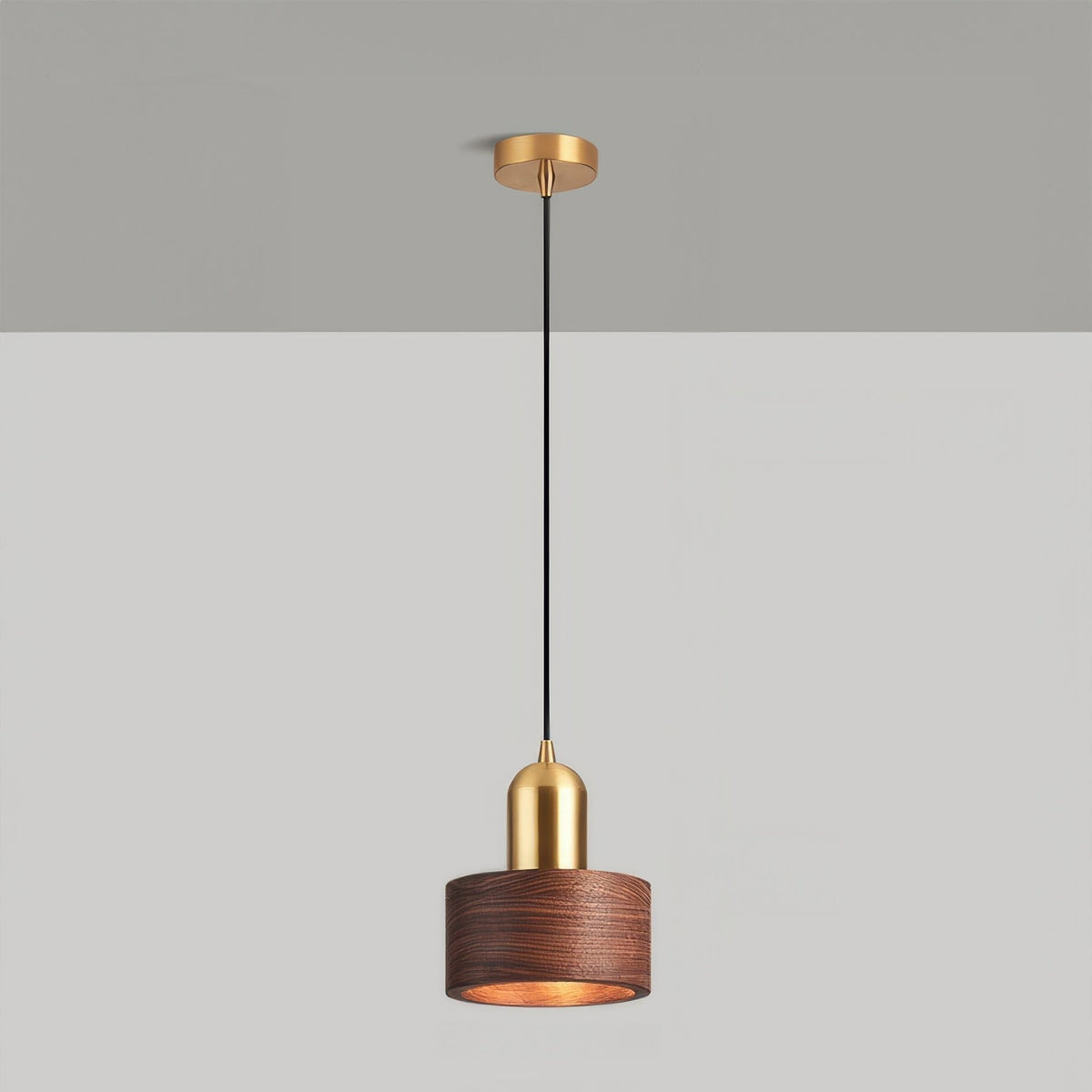 Japanese Walnut & Brass Cylinder Pendant Light – Minimalist Wood Hanging Lamp with 5W LED for Dining, Entryway & Bedroom