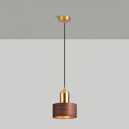 Japanese Walnut & Brass Cylinder Pendant Light – Minimalist Wood Hanging Lamp with 5W LED for Dining, Entryway & Bedroom