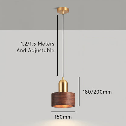 Japanese Walnut & Brass Cylinder Pendant Light – Minimalist Wood Hanging Lamp with 5W LED for Dining, Entryway & Bedroom