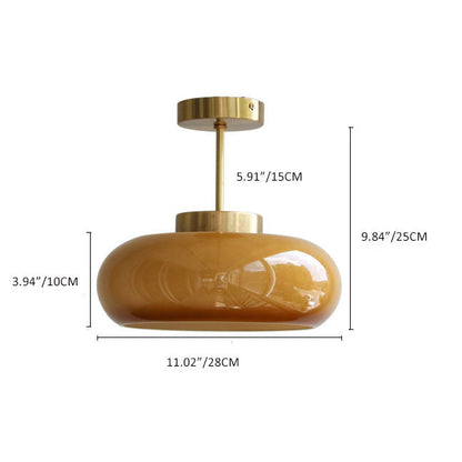 Vintage Brass Semi-Flush Ceiling Light with Yellow Glass Shade – Classic E26 Fixture in Brass or Electroplated Copper