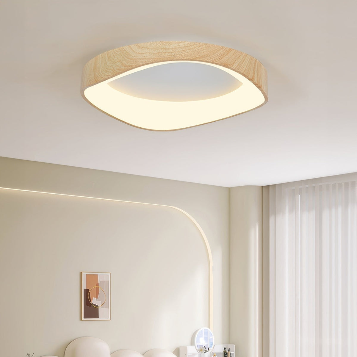 Nordic Wood-Grain LED Ceiling Light – Artistic Curved Flush Mount, 40 or 50 cm, Energy-Saving 23W/29W for Living Room