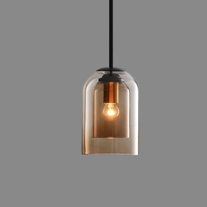 Mica Mid-Century Double Glass Pendant Light – Smoke Grey or Amber Layered Shade Hanging Lamp with Adjustable Cord