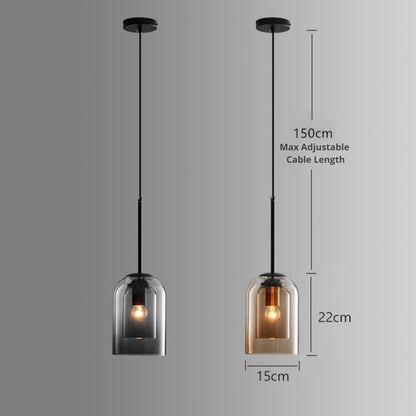 Mica Mid-Century Double Glass Pendant Light – Smoke Grey or Amber Layered Shade Hanging Lamp with Adjustable Cord
