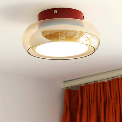 June Retro Glass Flush Mount Ceiling Light – Vintage LED Fixture in Red & Cognac or Black & Smoke Grey for Bedroom & Dining