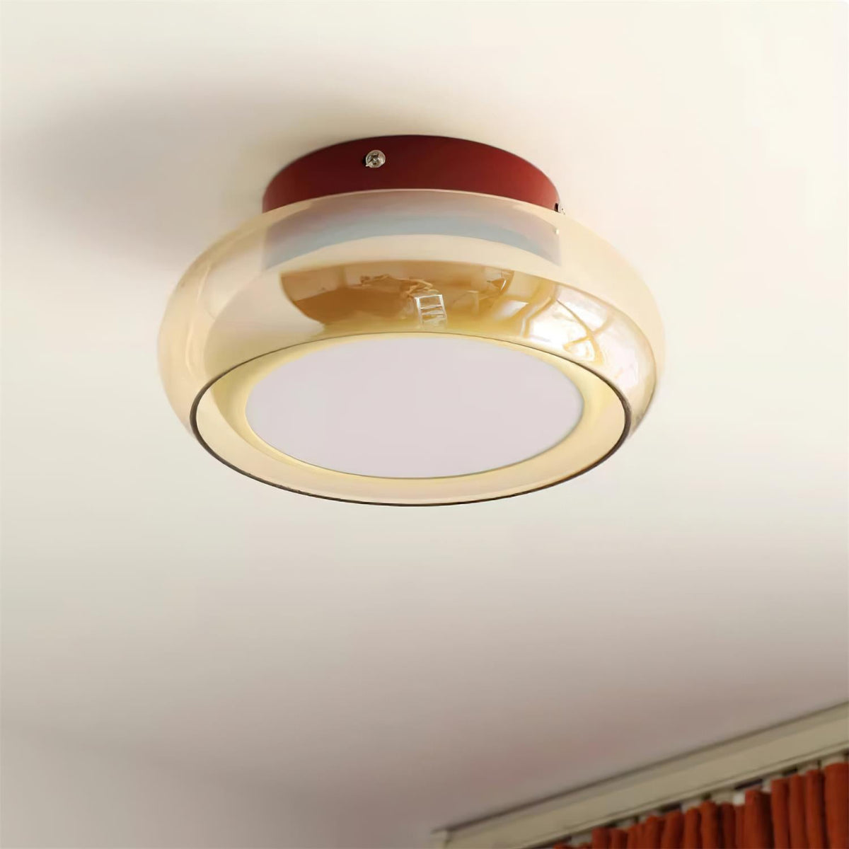 June Retro Glass Flush Mount Ceiling Light – Vintage LED Fixture in Red & Cognac or Black & Smoke Grey for Bedroom & Dining