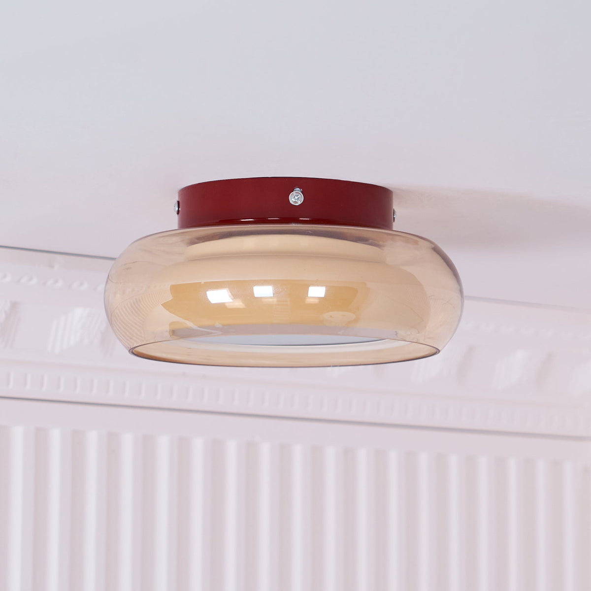 June Retro Glass Flush Mount Ceiling Light – Vintage LED Fixture in Red & Cognac or Black & Smoke Grey for Bedroom & Dining