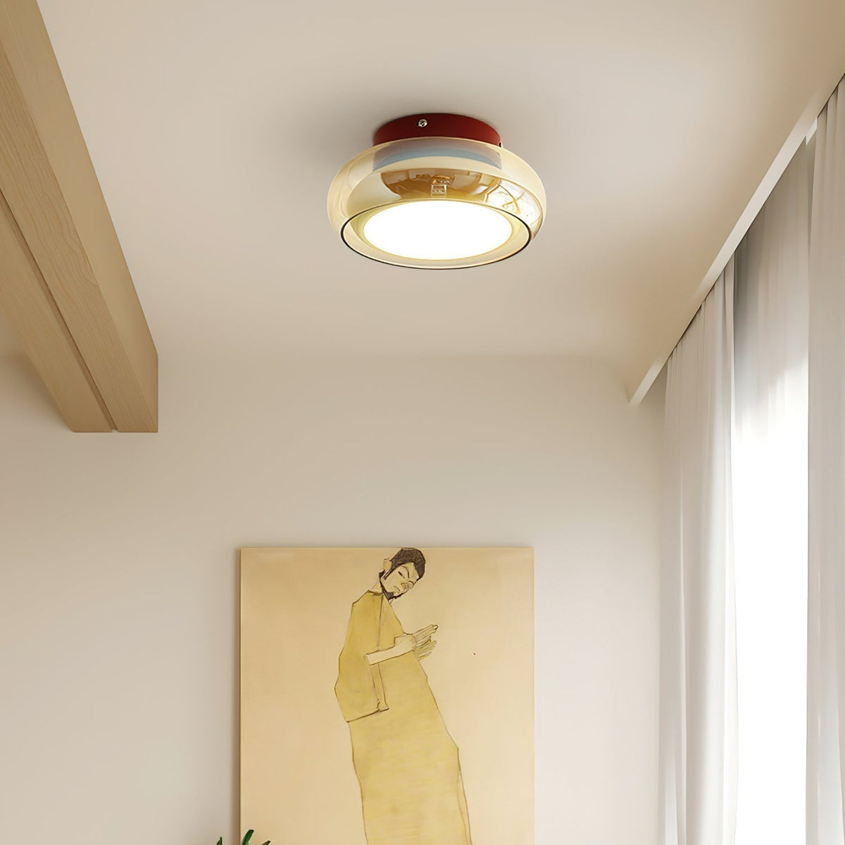 June Retro Glass Flush Mount Ceiling Light – Vintage LED Fixture in Red & Cognac or Black & Smoke Grey for Bedroom & Dining