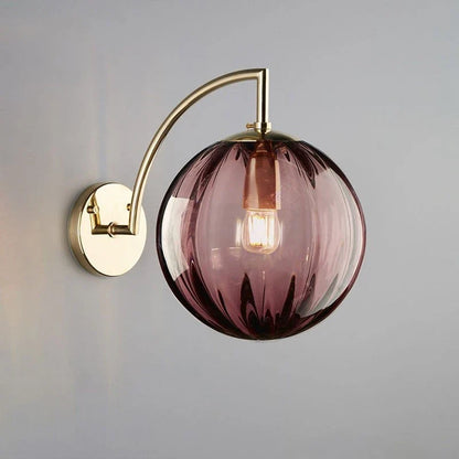 Modern Tinted Glass Ball Wall Lamp – Curved Brass Arm Wall Sconce with E27 Bulb in Red, Blue, Amber or Smoke Grey