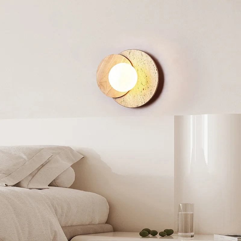 Wabi-Sabi Natural Stone & Wood Wall Lamp – Organic Texture Sconce with Frosted Glass and G9 LED in Walnut or Wood