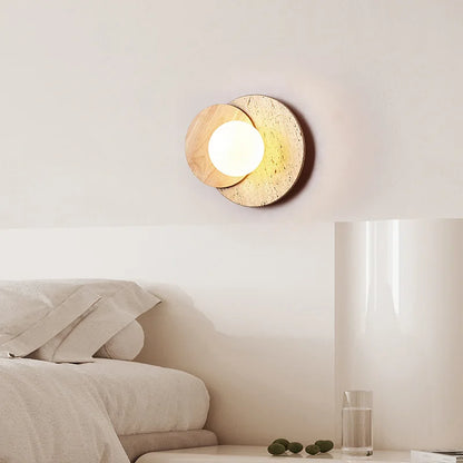 Wabi-Sabi Natural Stone & Wood Wall Lamp – Organic Texture Sconce with Frosted Glass and G9 LED in Walnut or Wood