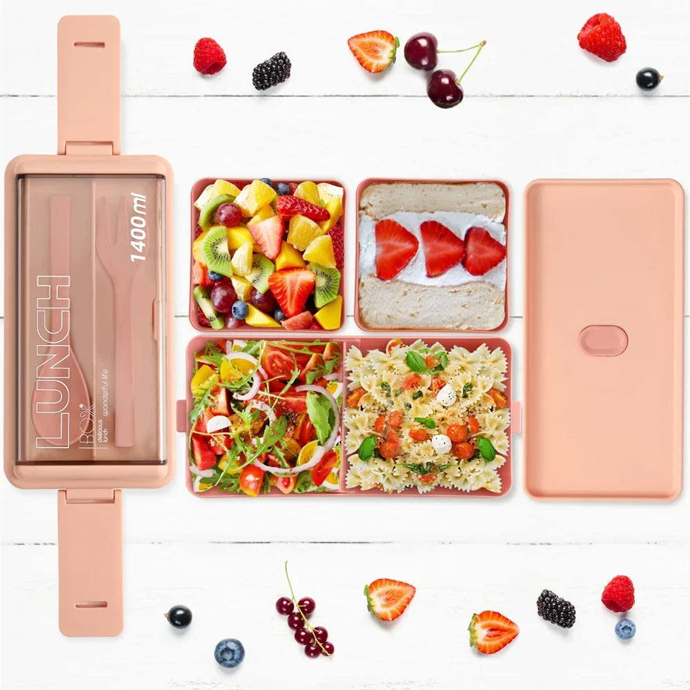 1400ml Double-Layer Bento Lunch Box with Fork & Spoon – Microwave-Safe Locking Food Container for Kids & Adults, Pink or Green