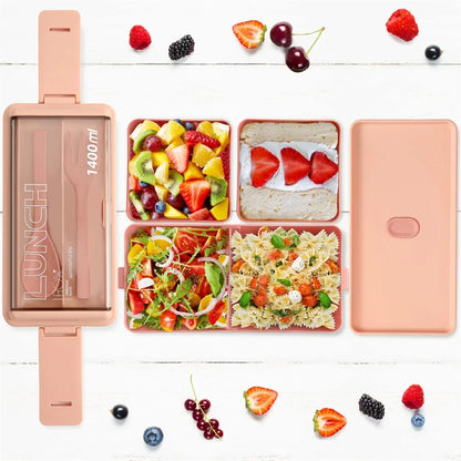 1400ml Double-Layer Bento Lunch Box with Fork & Spoon – Microwave-Safe Locking Food Container for Kids & Adults, Pink or Green