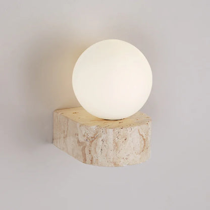 Yellow Travertine Stone Wall Lamp – Japanese-Inspired LED Sconce with Frosted Glass Shade, Warm White Natural Stone Light