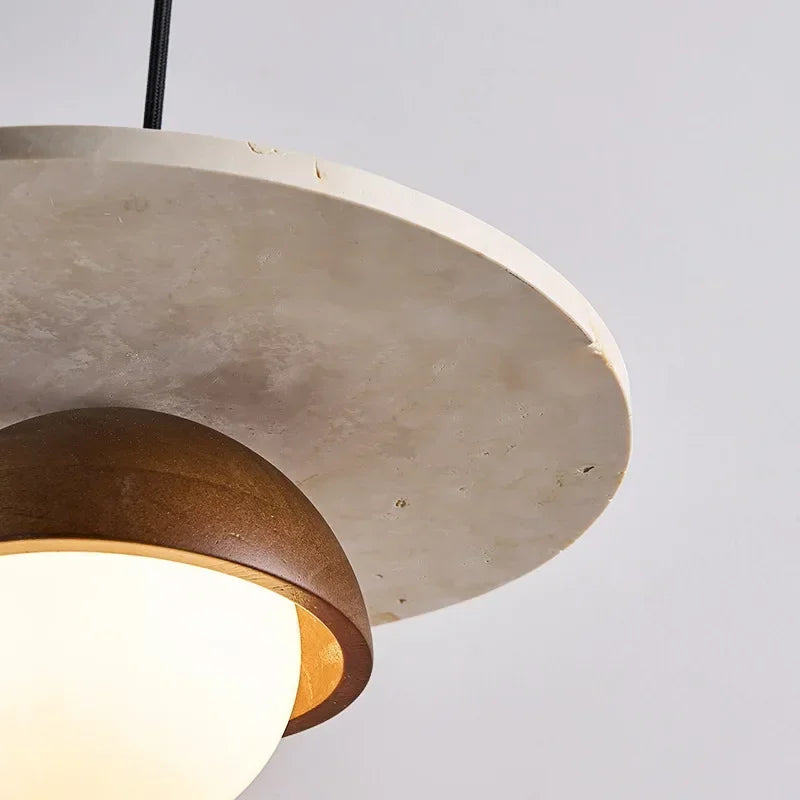 Denmark Walnut & Stone Pendant Light – Nordic Dome LED Chandelier with 7W G9 Bulb, Warm or Cool White for Dining & Bedroom