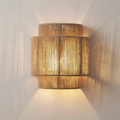 RattanGlow Handwoven Rattan Wall Lamp – Natural Bamboo Boho Wall Sconce with Warm Up & Down Light for Bedroom & Living Room