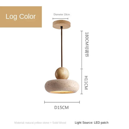 Natural Stone & Solid Wood Pendant Light – Vintage Minimalist Ceiling Lamp with Focused LED in Log or Walnut Finish