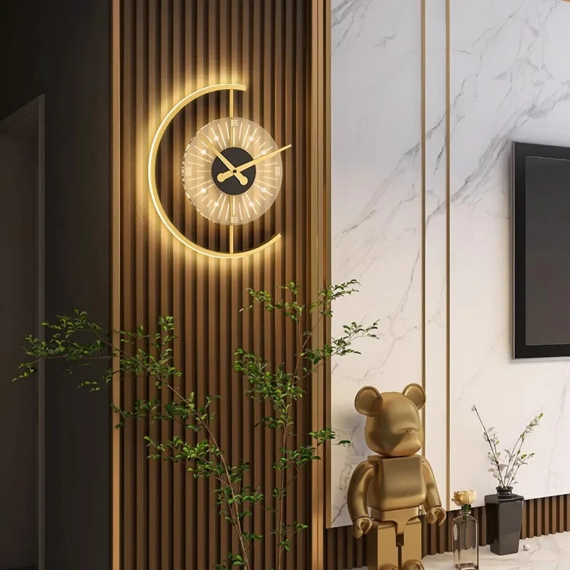 Lunaris Post-Modern LED Wall Lamp with Built-In Silent Clock – Golden Crescent Wall Sconce & Clock 2-in-1 Decor