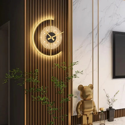 Lunaris Post-Modern LED Wall Lamp with Built-In Silent Clock – Golden Crescent Wall Sconce & Clock 2-in-1 Decor