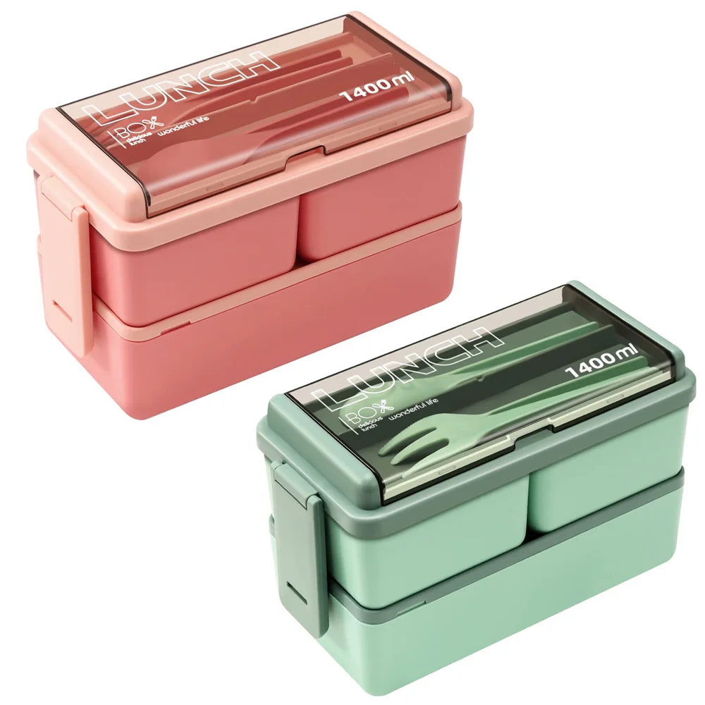 1400ml Double-Layer Bento Lunch Box with Fork & Spoon – Microwave-Safe Locking Food Container for Kids & Adults, Pink or Green