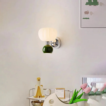 Nordic Pumpkin Glass Wall Lamp – Sculptural Frosted Glass & Metal Sconce in Red, Green or Beige, Warm or Cool White